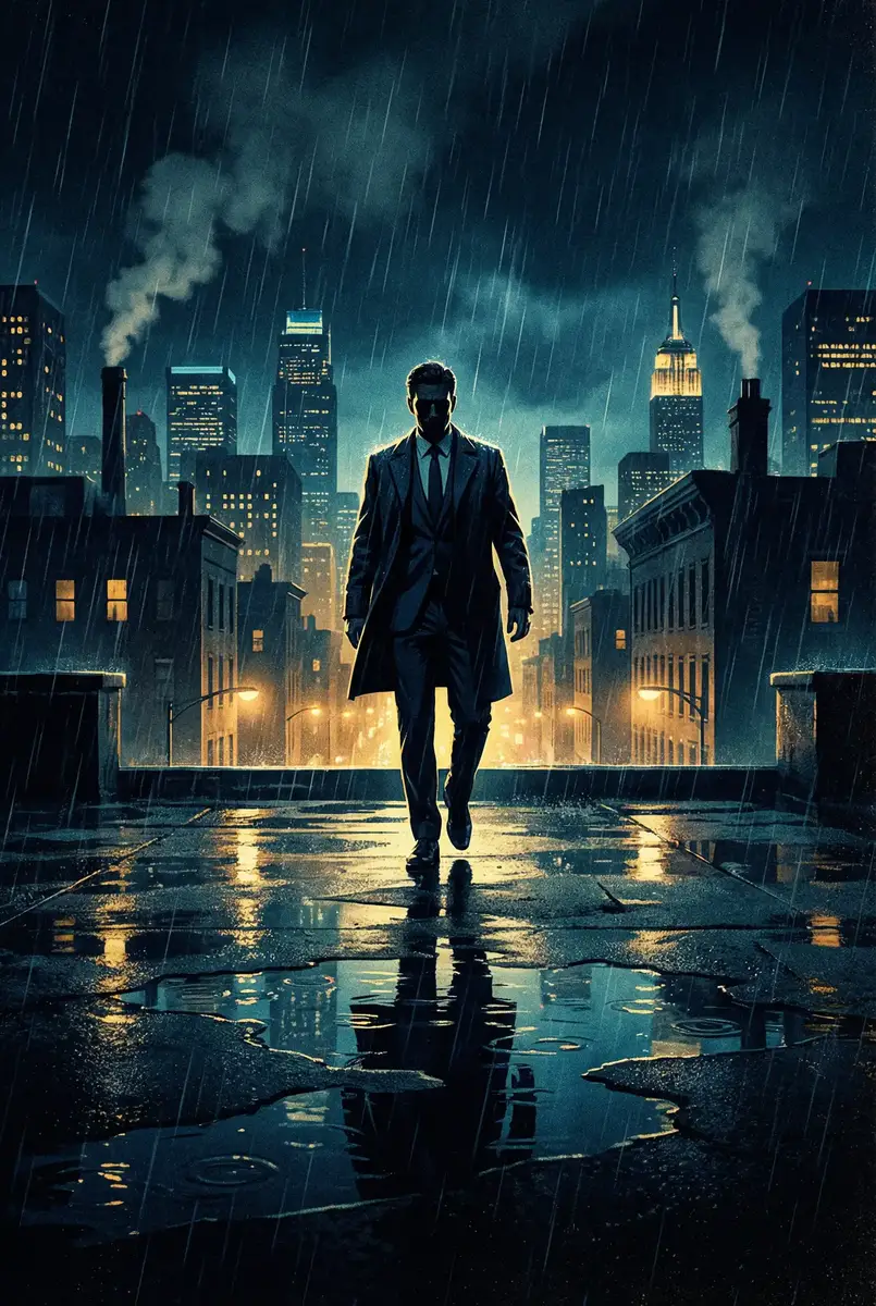 相泽南av 出品影片《雨夜独行者》海报，雨中城市屋顶男性剪影
